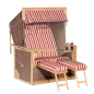 Preview: Gartenstrandkorb Admiral 3/4-Liegemodell, 2-Sitzer-XL, Teak PE-Kunststoffgeflecht antik-braun Stoff-Dessin Filo-Rosso